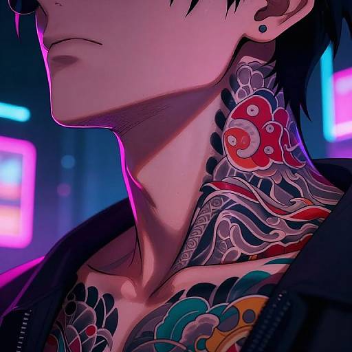 Digital anime-style close-up of a male with dark hair, showcasing vibrant, intricate traditional Japanese tattoos on his neck and chest, illuminated by neon pink and