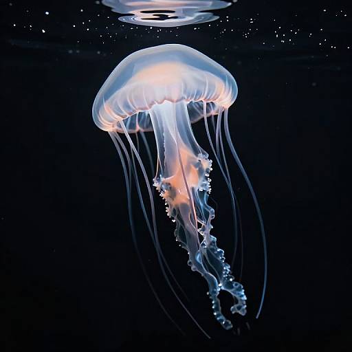 Photograph of a glowing, translucent jellyfish with delicate, flowing tentacles and a bright orange center, floating in a dark, starry ocean.