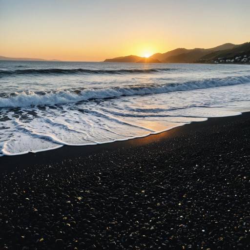 Serene Sunset Beach Scene with Black Sands