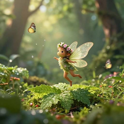 Photograph of a tiny fairy with translucent wings, wearing a flower crown and green leaf dress, dancing in a sunlit forest, surrounded by dewdrops