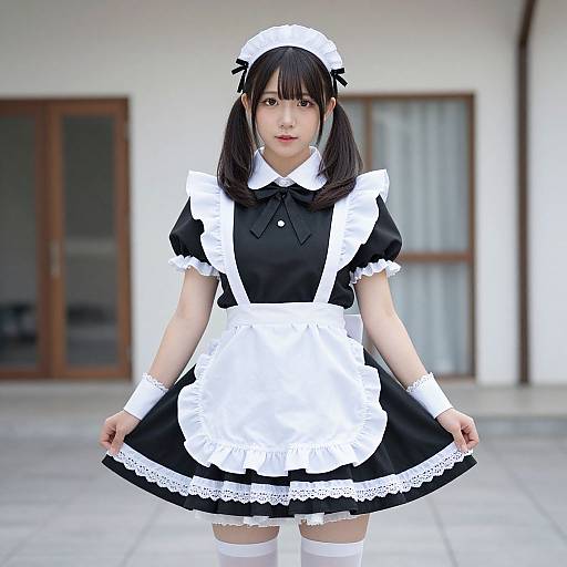 Photograph of an Asian woman in a black and white French maid outfit, standing outdoors with wooden doors and white walls in the background.