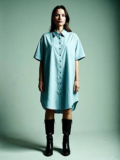 Woman in Oversized Light Blue Shirt Dress