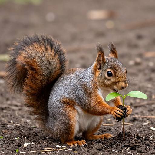 Photograph of a small, fluffy grey squirrel with a bushy tail, holding a green leaf with both paws, standing on dark, textured soil