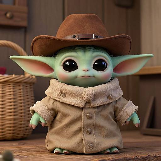 CGI image of a cute, green, big-eyed goblin wearing a brown hat, beige coat with fur collar, standing on wooden floor. W