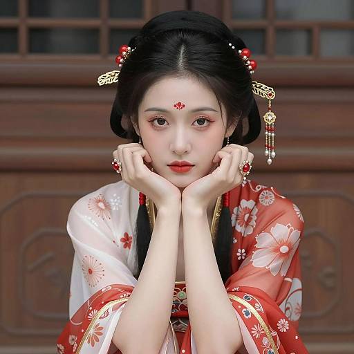 Elegant East Asian Woman in Floral Attire