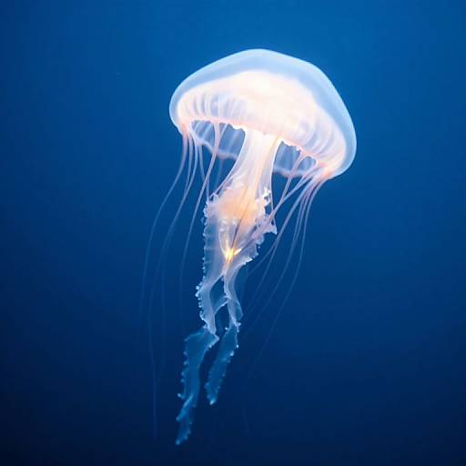 Photograph of a glowing white jellyfish with translucent tentacles, against a deep blue underwater background, illuminated from within.