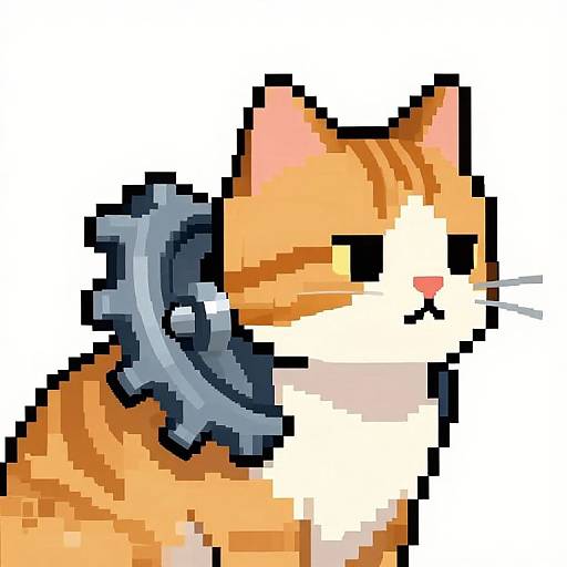 Pixel art of an orange and white cat with a blue mechanical gear attached to its neck, facing right.
