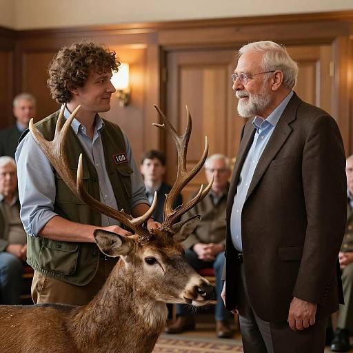 Two Men with Deer in Wood-paneled Room