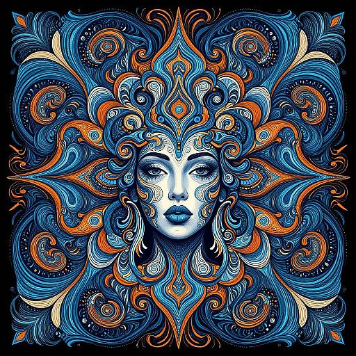 Vibrant digital artwork of a serene, white-faced woman with blue and orange, swirling, intricate patterns surrounding her head against a black background.