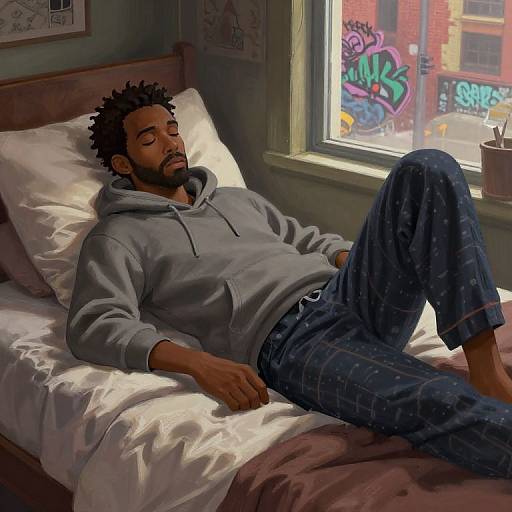 Digital painting of a black man with curly hair and beard, wearing a gray hoodie and blue pajama pants, sleeping on a sunlit bed, with