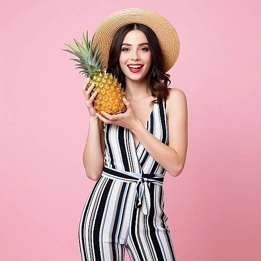Photograph of a smiling woman with dark hair, wearing a straw hat and black-and-white striped jumpsuit, holding a pineapple against a pink background.