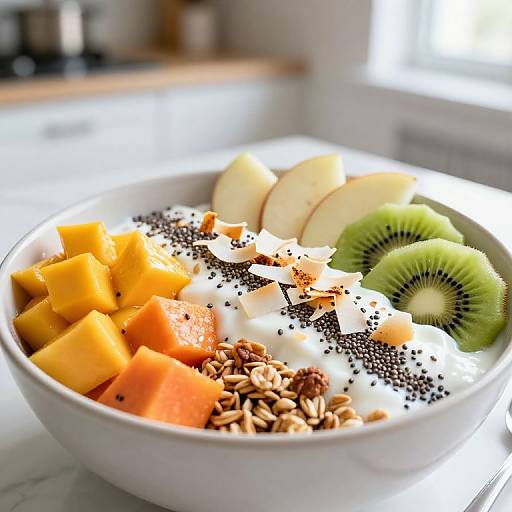 Photograph of a white bowl containing diced mango, kiwi slices, chia seeds, and sunflower seeds, topped with whipped cream and black chia seeds