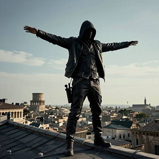 Assassin Embracing Freedom on Rooftop