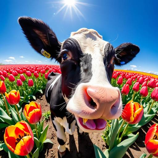 Playful Calf Among Vibrant Tulips