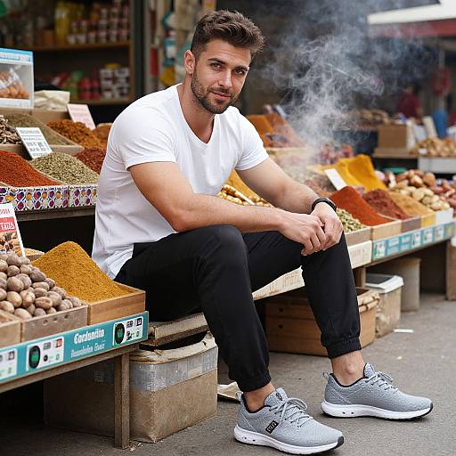 Photograph of a handsome, bearded man with short dark hair, wearing a white t-shirt, black pants, and gray sneakers, sitting at a
