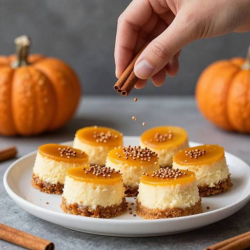 Photograph of a hand sprinkling cinnamon over four pumpkin cheesecake truffles with orange tops on a white plate, surrounded by pumpkins and cinnamon sticks