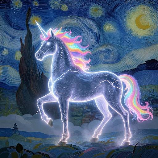 Digital artwork of a glowing, neon-lit unicorn with rainbow mane, standing in a swirling, starry night sky reminiscent of Van Gogh's 
