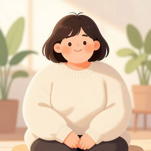 Digital illustration of a smiling, chubby, dark-haired woman in a white sweater, seated with hands on lap, surrounded by blurred green plants.