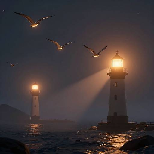 Photograph of two glowing lighthouses on a misty, dark ocean at night, illuminated by bright light, with three birds flying overhead.