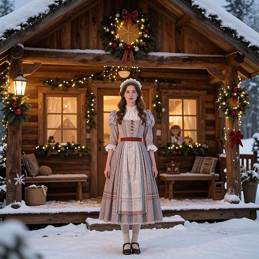 Photograph of a fair-skinned woman with long brown hair in a traditional German dirndl, standing in front of a snow-covered wooden chalet,