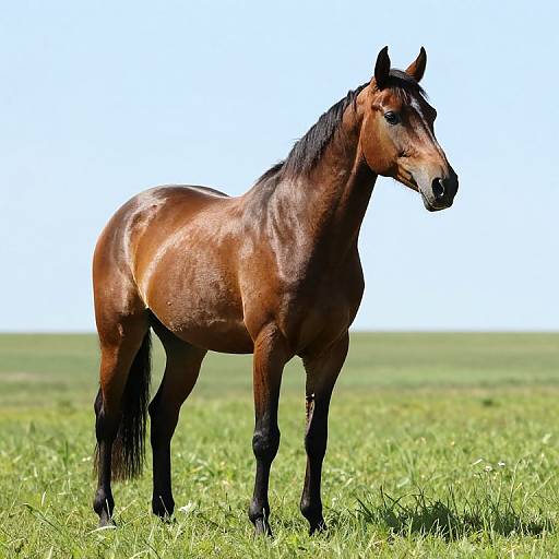 Photograph of a sleek, brown horse with a black mane and tail, standing in a sunlit, green grassy field.