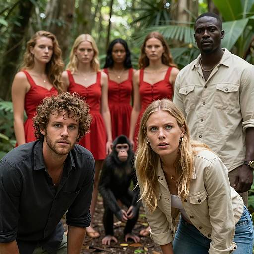 Group in Jungle with Monkey