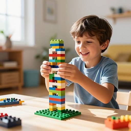 Joyful Boy Building LEGO Tower