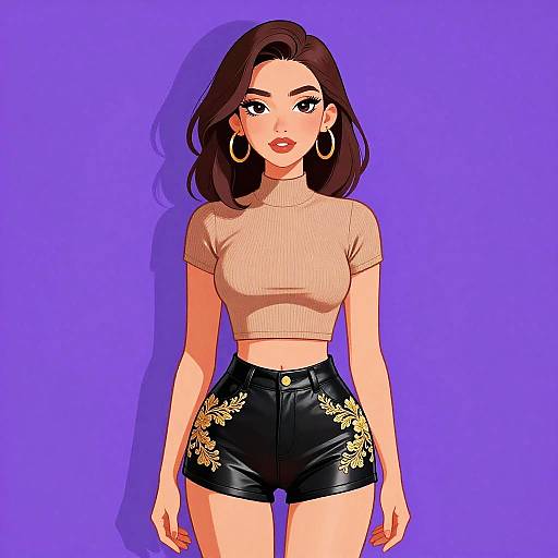 Trendy Woman in Embroidered Leather Shorts