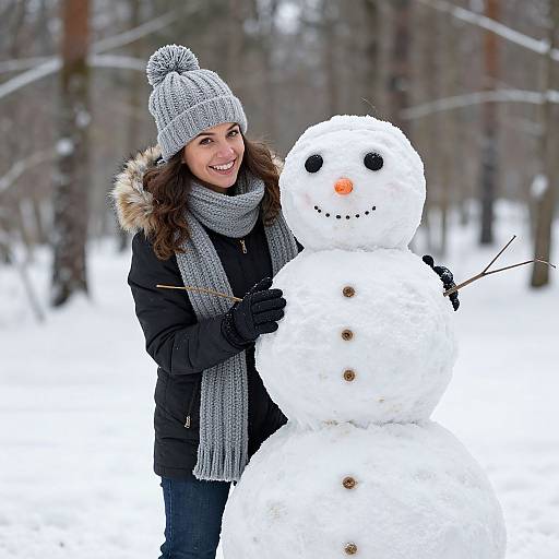Photograph of a smiling woman in winter clothes, gray hat, and scarf, standing beside a snowman in a snowy forest.
