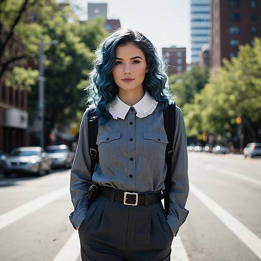 Young woman with blue hair on city street