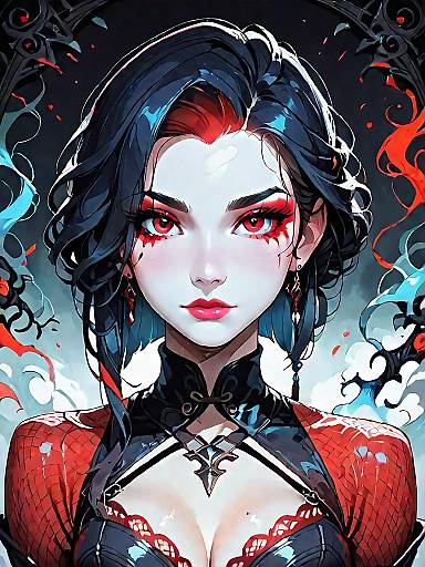 Dark Fantasy Woman with Red Eyes and Mesh Bodysuit