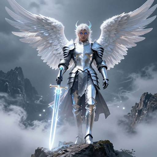 Digital artwork of a radiant, armored angel warrior with glowing white wings and horns, holding a glowing sword, standing on a rocky peak amidst misty mountains