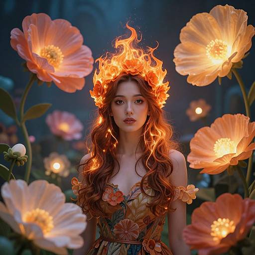 Digital artwork of a fair-skinned woman with fiery red hair and a flower crown, surrounded by glowing orange flowers in a dark, enchanted garden.