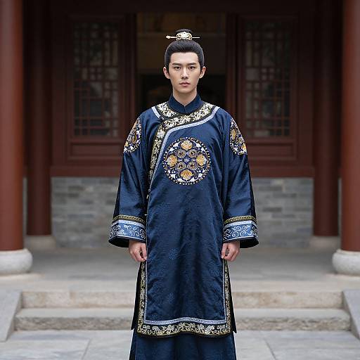 Photograph of a young Asian man in traditional dark blue Chinese imperial robe with intricate gold and orange embroidery, standing in front of a traditional red and brown