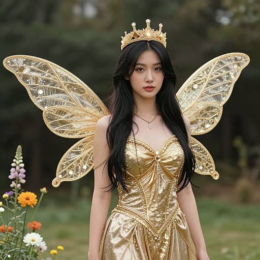 Photograph of an Asian woman with long black hair, gold crown, and translucent golden fairy wings, wearing a gold, strapless dress, standing in