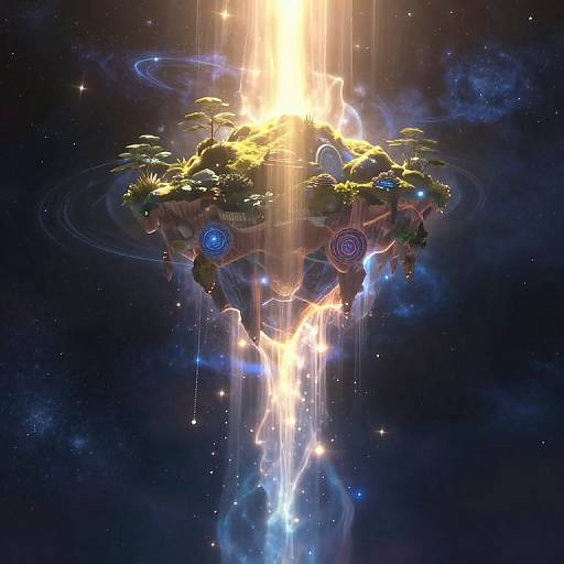 Digital art of a glowing, floating island with greenery, blue spirals, and light beams descending into a starry, cosmic background.
