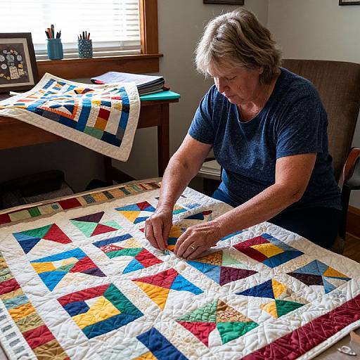 Photograph of middle-aged woman with short, gray hair in blue shirt, sewing colorful, triangular-patterned quilt on wooden table in bright room.