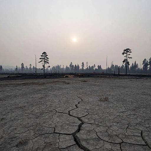 Photograph of a cracked, barren landscape under a bright, hazy sun with sparse, silhouetted trees in the distant background.