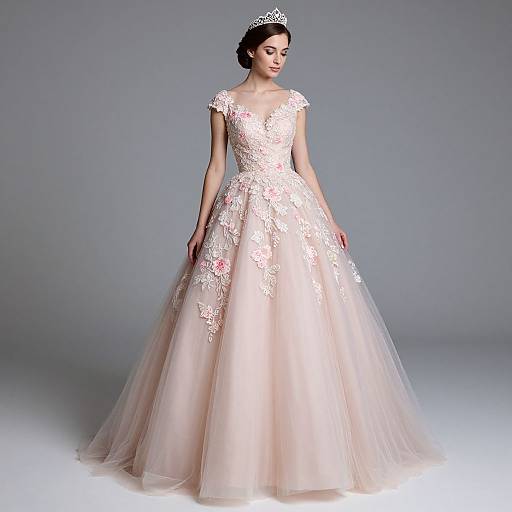 Photograph of a fair-skinned woman in a full-length, pink satin ball gown with white floral lace embroidery, short sleeves, and a silver ti