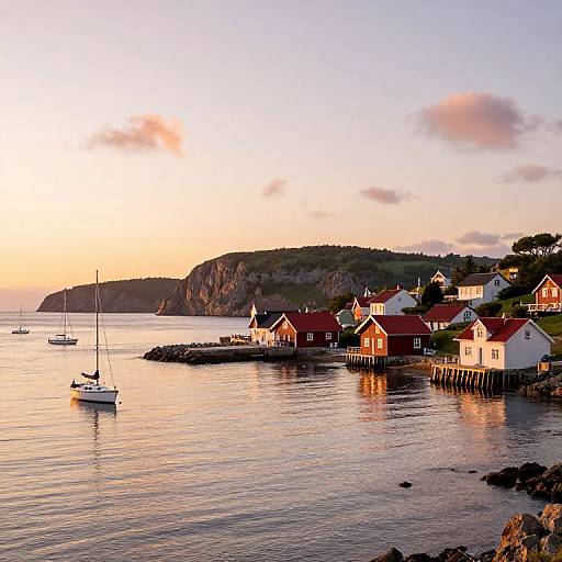 Photograph of a serene coastal village at sunset, featuring red-roofed houses, a sailboat in the calm water, and a rocky shoreline with