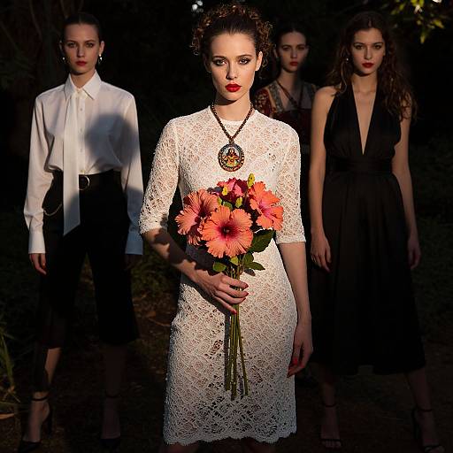 Photograph of three women in dimly lit outdoor setting; central woman in white lace dress, holding pink flowers, surrounded by two in black and white