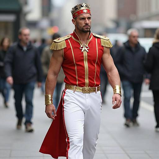 Photograph of a muscular man with a black beard wearing a red and gold royal costume, white pants, and crown, walking confidently on a city street