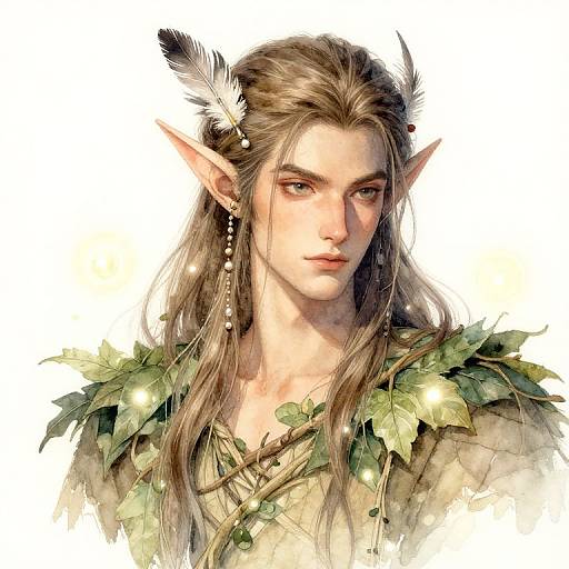 Digital painting of an elegant, long-haired elf with pointed ears, wearing leafy shoulder armor, feathered hair accessory, and delicate earrings, against a