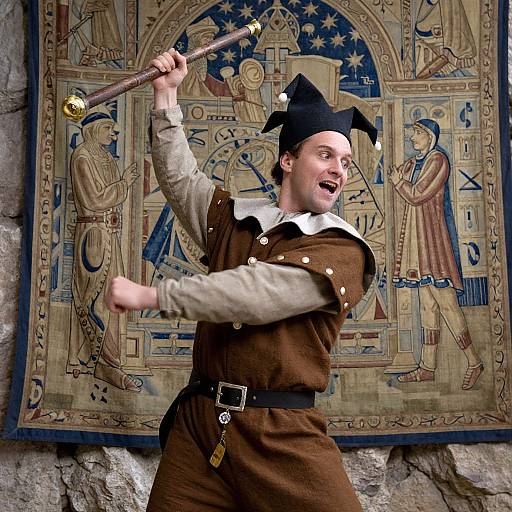 Photograph of a pale-skinned, young man in a jester costume, holding a staff, with a medieval tapestry in the background. He