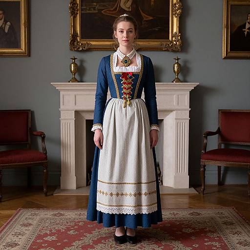 Photograph of a young woman in a Victorian-style blue dress with white apron, standing in a formal room with framed portraits and ornate fireplace.