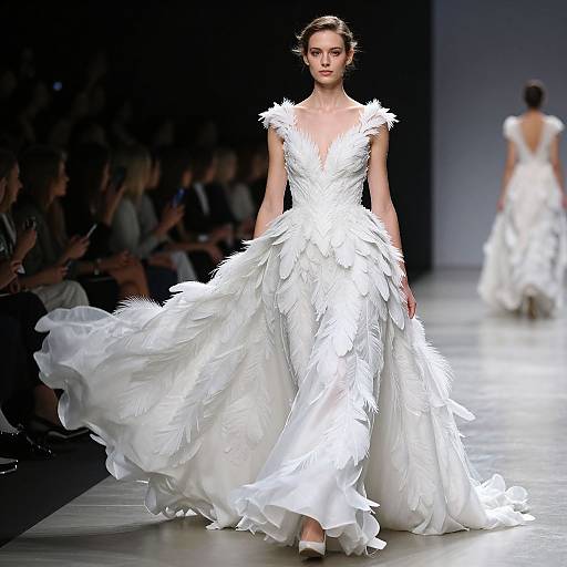 Photograph of a slender, fair-skinned woman in a white, feathered, floor-length gown, walking down a dimly-lit runway,