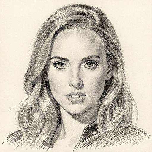 Black and white pencil drawing of a young woman with long, wavy hair and expressive eyes, looking directly at the viewer.