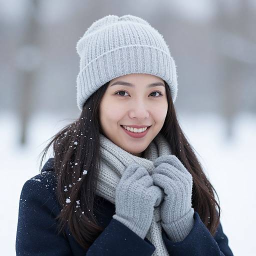 Photograph of smiling Asian woman with long black hair, wearing white knit hat, gray scarf, and gloves, standing in snowy landscape.