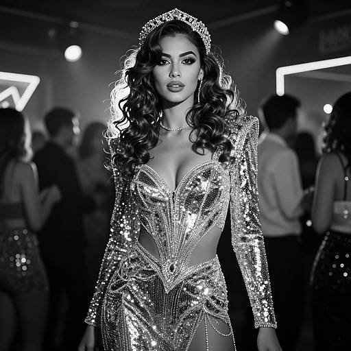 Black-and-white photograph of a glamorous woman with long curly hair, wearing a sparkling sequin dress and crown, walking on a fashion runway with blurred background
