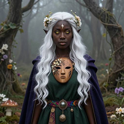 Digital artwork of a dark-skinned, elf-like woman with white hair, glowing yellow eyes, flower crown, and tribal mask in a foggy forest
